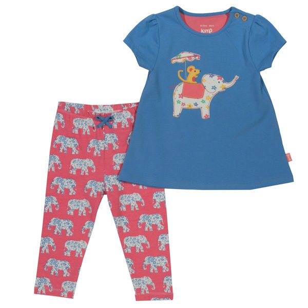 Schattig setje bestaande uit een shirt met korte mouwen met een leuke applicatie en een roze legging met blauw-witte olifantjes.