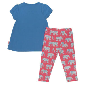 Schattig setje bestaande uit een shirt met korte mouwen met een leuke applicatie en een roze legging met blauw-witte olifantjes.