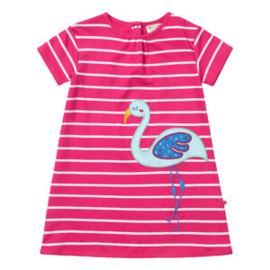 gestreepte jurk van biokatoen met flamingo